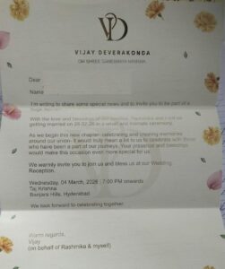 Vijay-Rashmika Wedding Reception Invitation